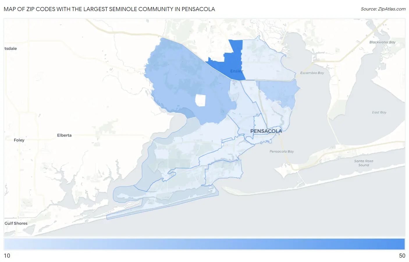Zip Codes with the Largest Seminole Community in Pensacola Map