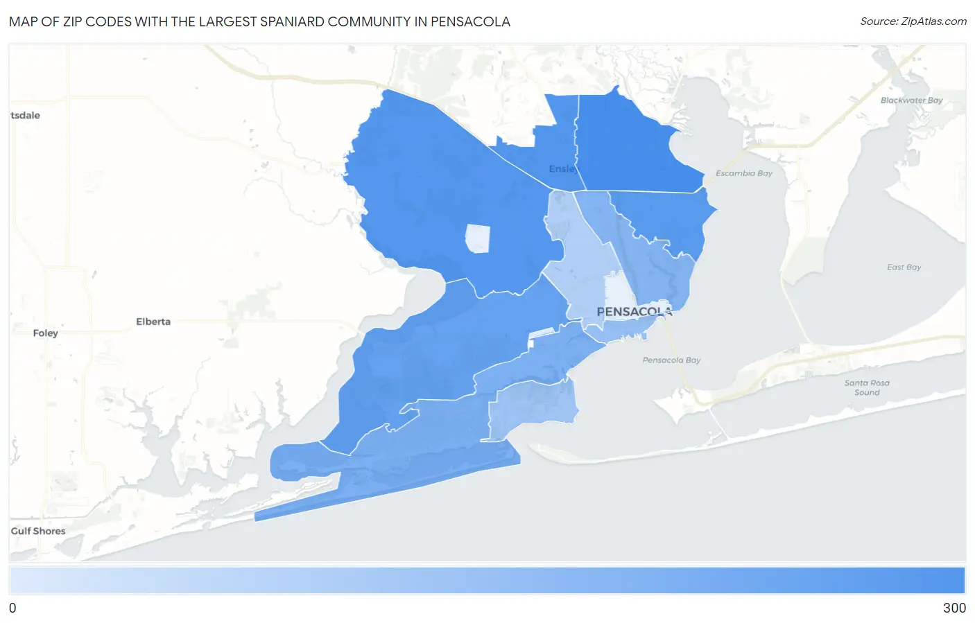Zip Codes with the Largest Spaniard Community in Pensacola Map