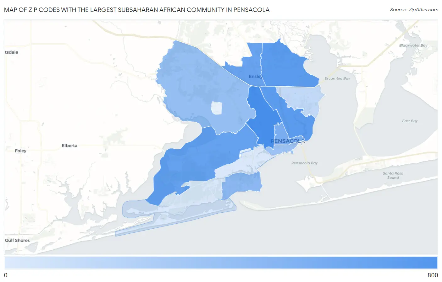 Zip Codes with the Largest Subsaharan African Community in Pensacola Map
