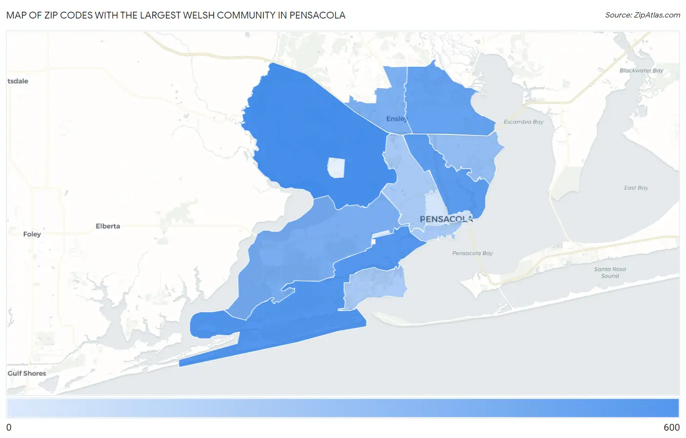 Zip Codes with the Largest Welsh Community in Pensacola Map