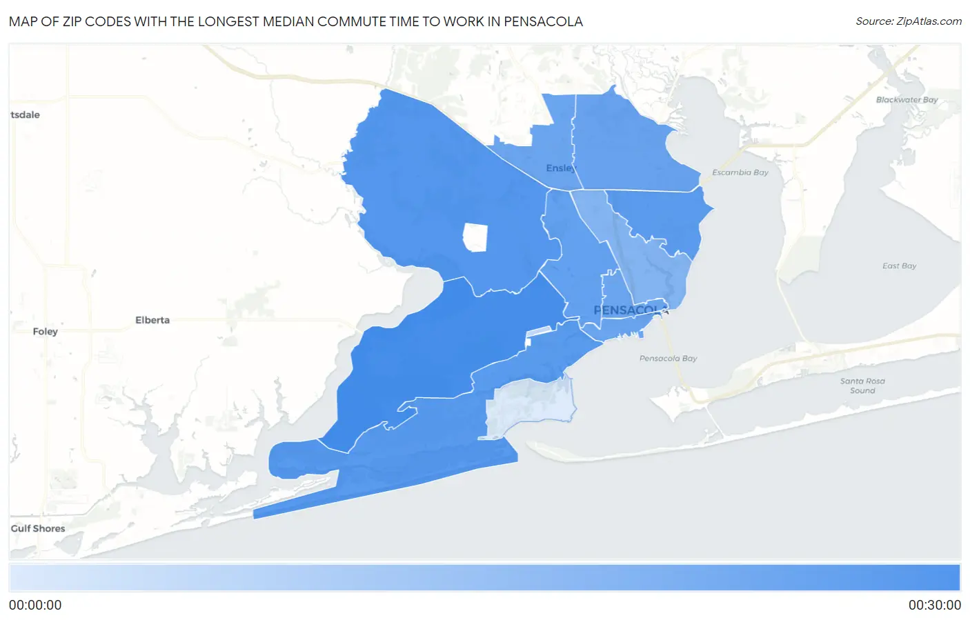 Zip Codes with the Longest Median Commute Time to Work in Pensacola Map