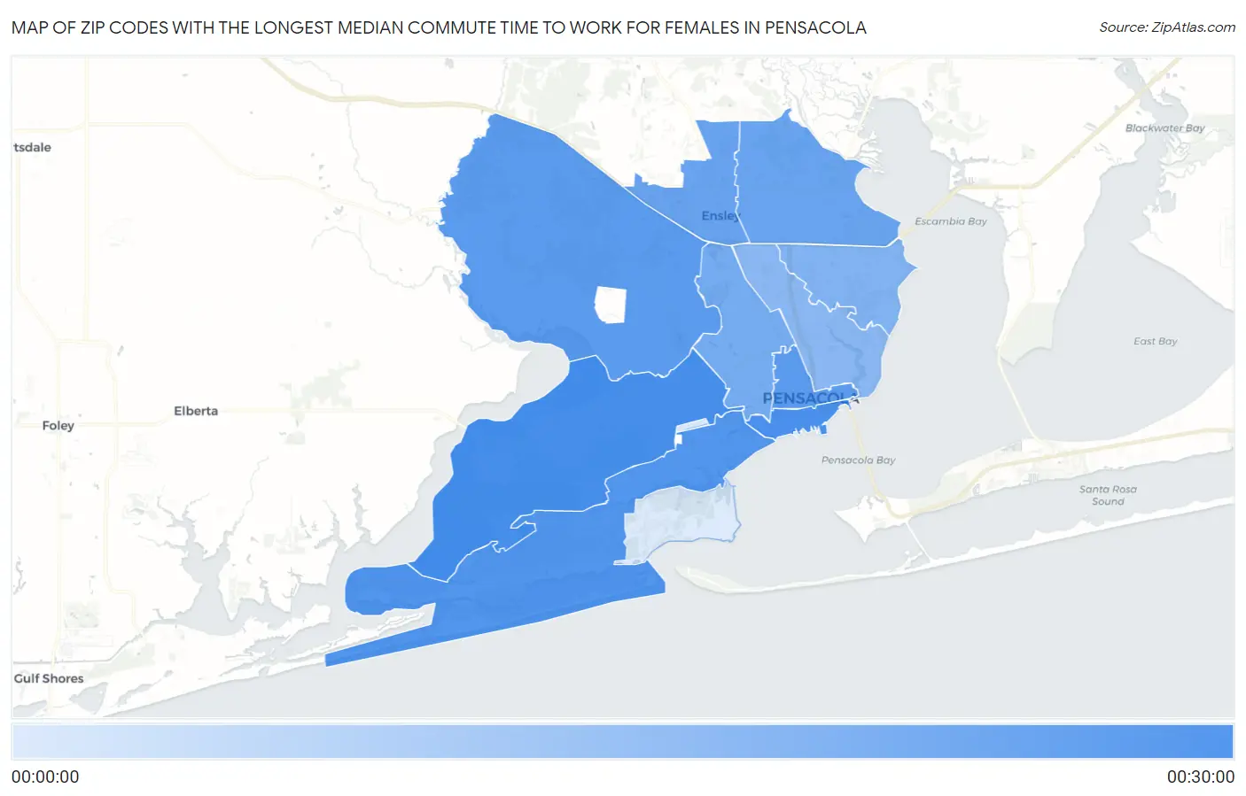 Zip Codes with the Longest Median Commute Time to Work for Females in Pensacola Map
