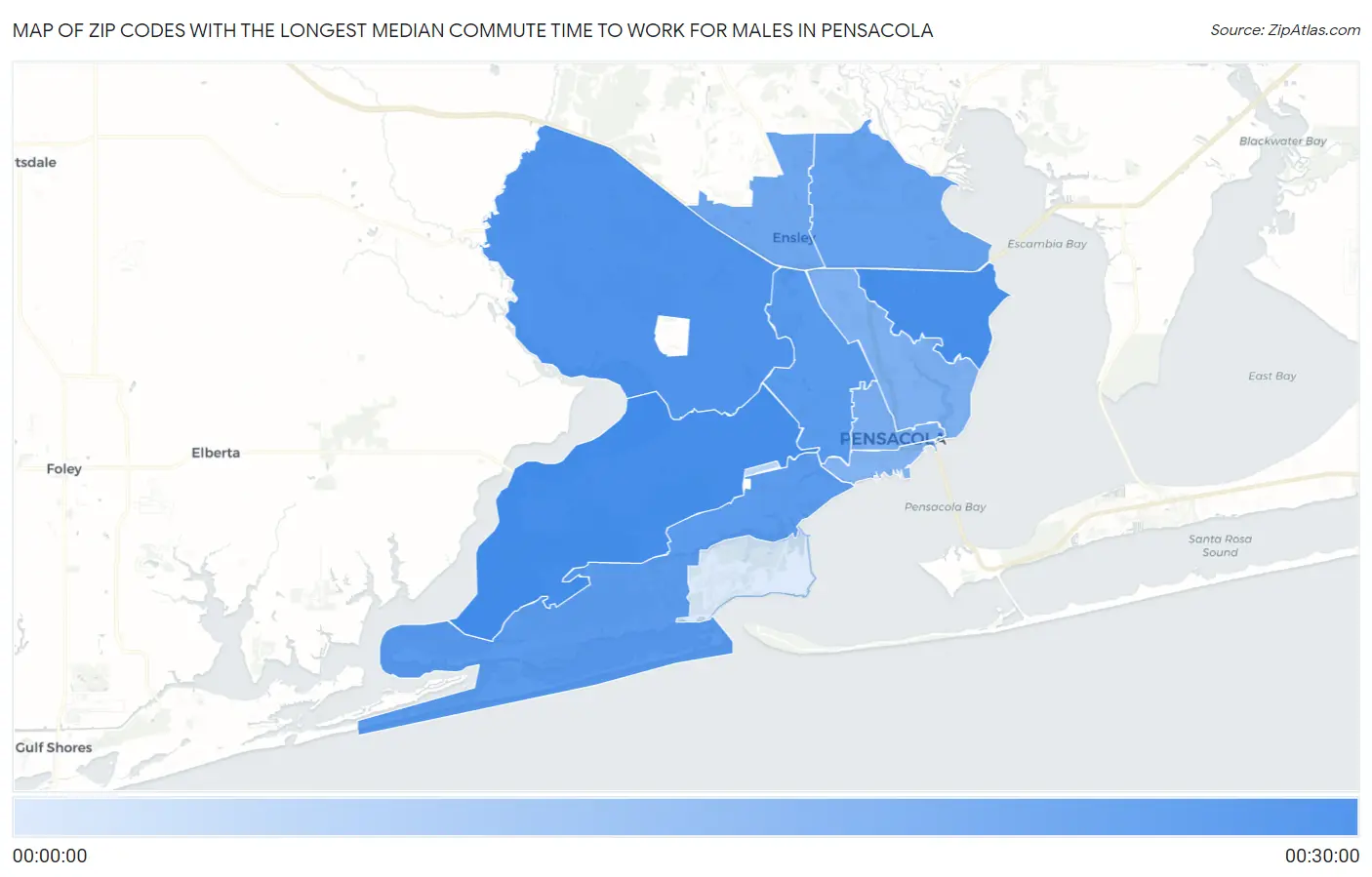 Zip Codes with the Longest Median Commute Time to Work for Males in Pensacola Map