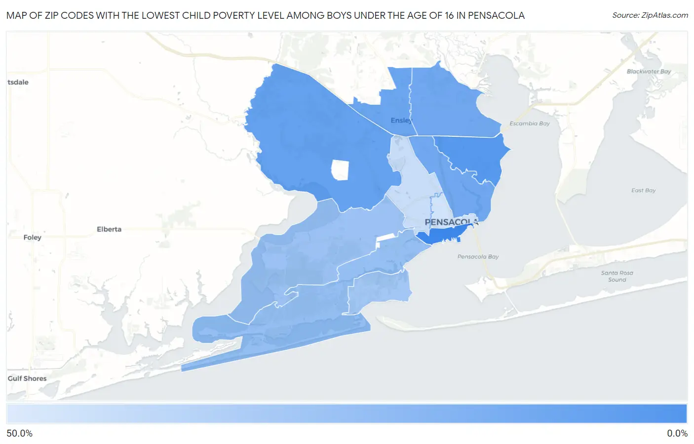 Zip Codes with the Lowest Child Poverty Level Among Boys Under the Age of 16 in Pensacola Map