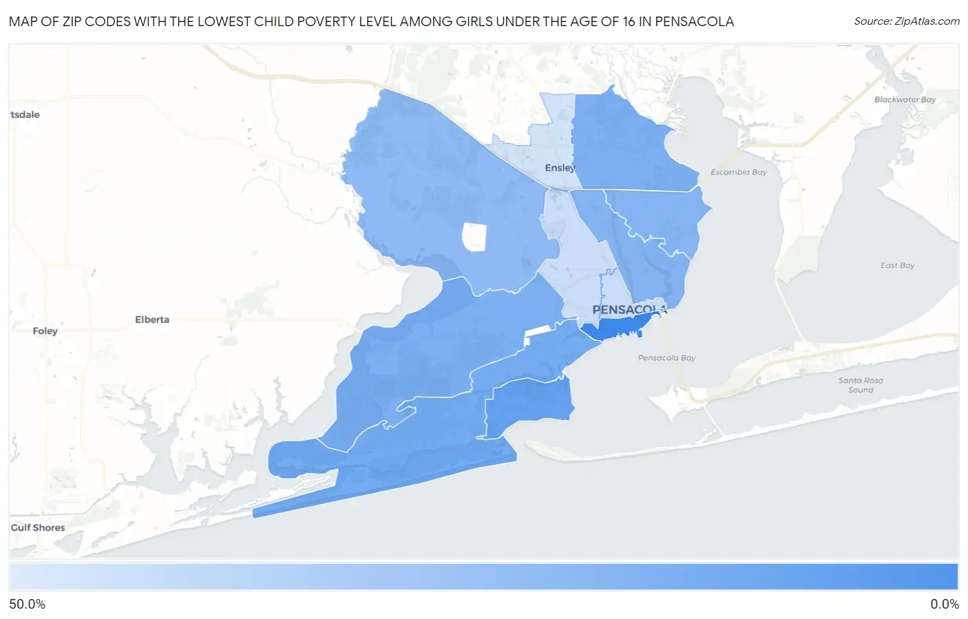 Zip Codes with the Lowest Child Poverty Level Among Girls Under the Age of 16 in Pensacola Map