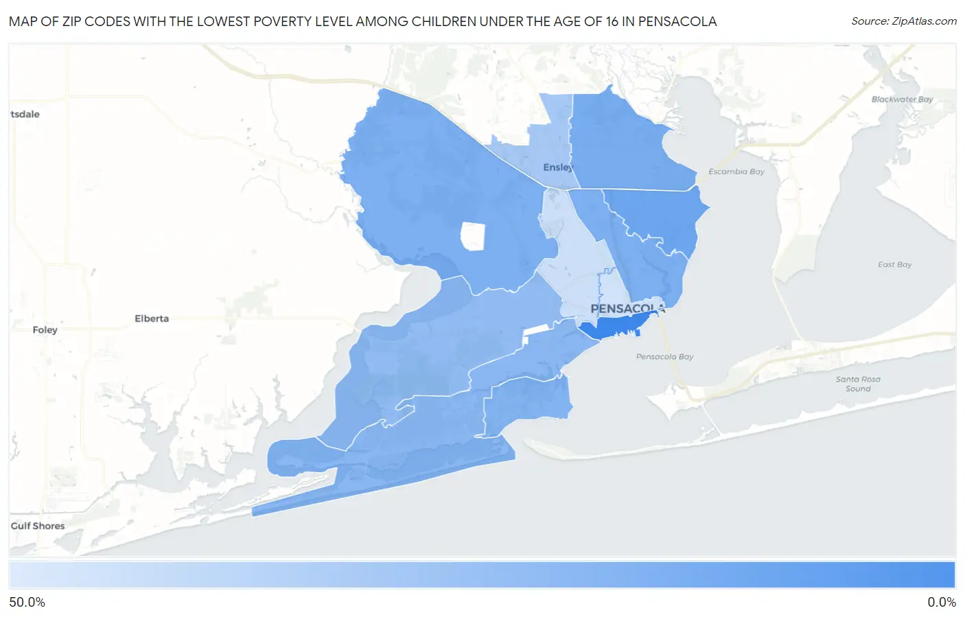 Zip Codes with the Lowest Poverty Level Among Children Under the Age of 16 in Pensacola Map