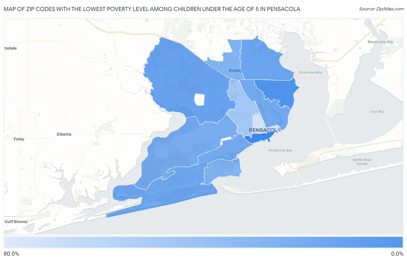 Zip Codes with the Lowest Poverty Level Among Children Under the Age of 5 in Pensacola Map
