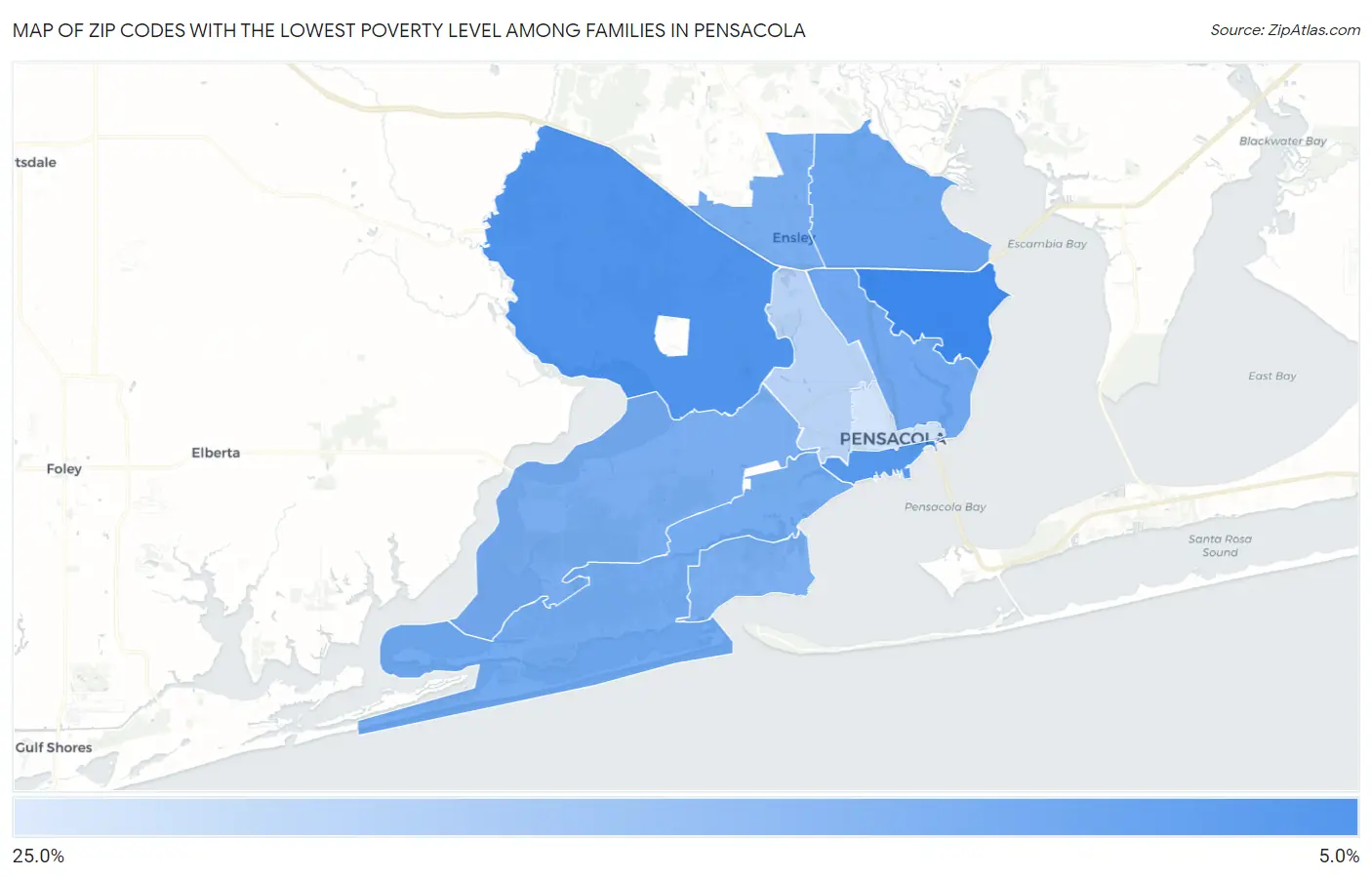 Zip Codes with the Lowest Poverty Level Among Families in Pensacola Map