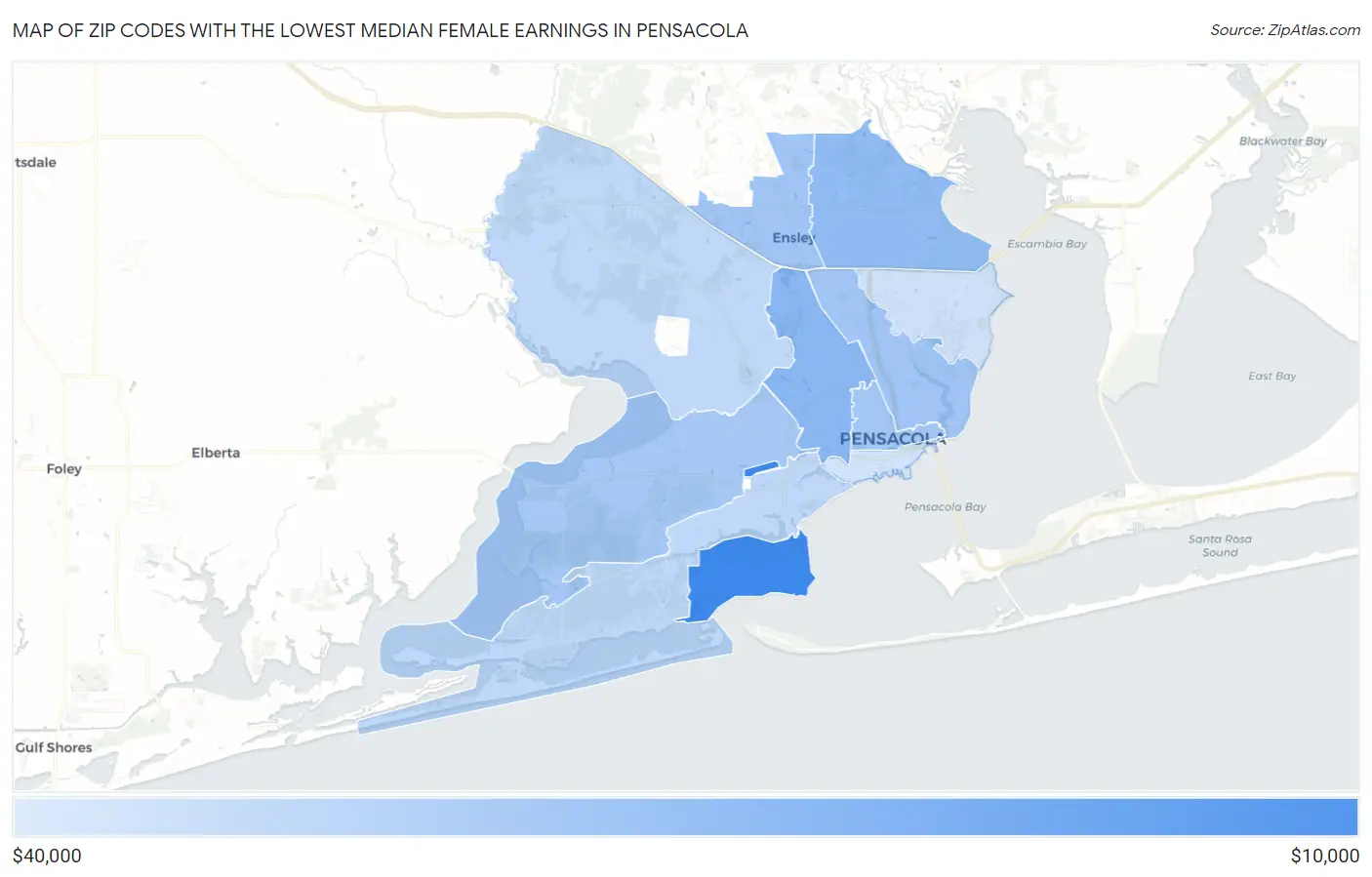 Zip Codes with the Lowest Median Female Earnings in Pensacola Map
