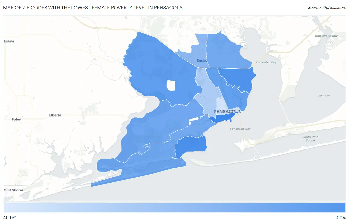 Zip Codes with the Lowest Female Poverty Level in Pensacola Map