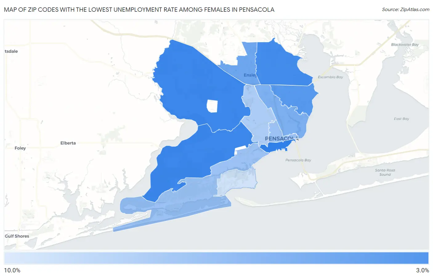 Zip Codes with the Lowest Unemployment Rate Among Females in Pensacola Map