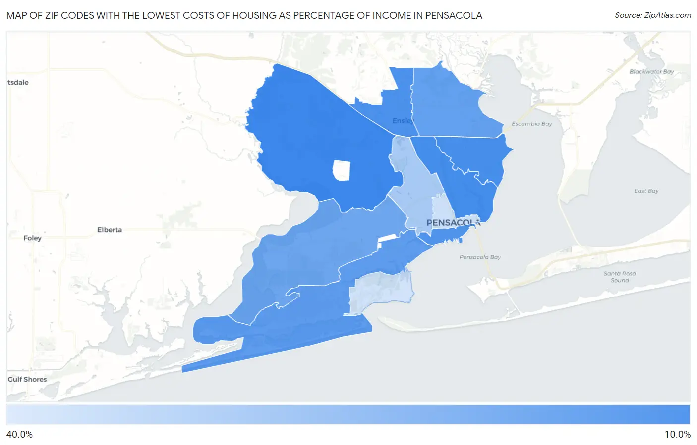 Zip Codes with the Lowest Costs of Housing as Percentage of Income in Pensacola Map