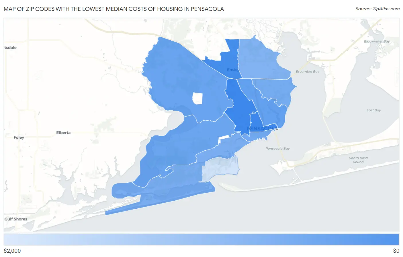 Zip Codes with the Lowest Median Costs of Housing in Pensacola Map