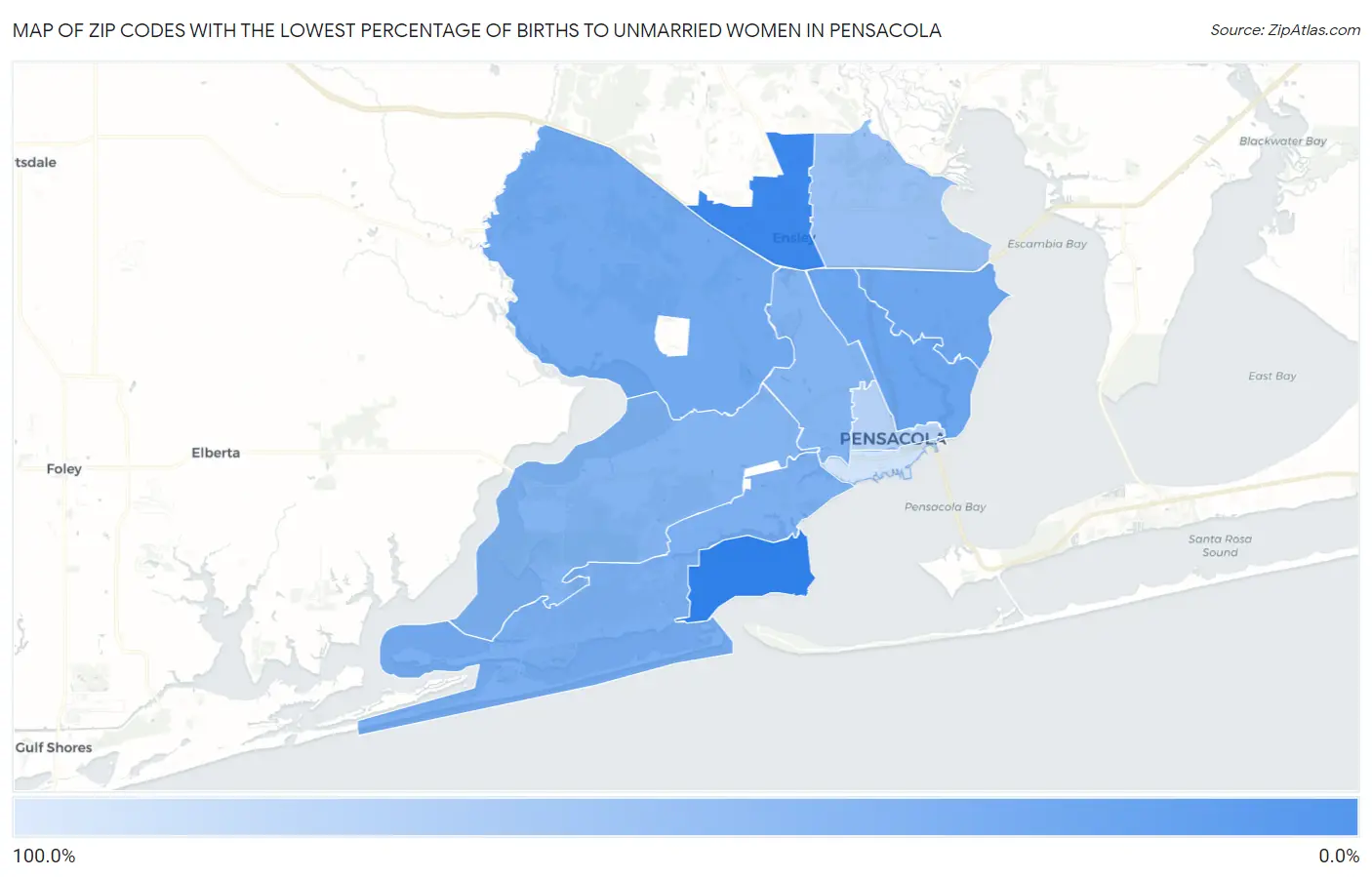 Zip Codes with the Lowest Percentage of Births to Unmarried Women in Pensacola Map