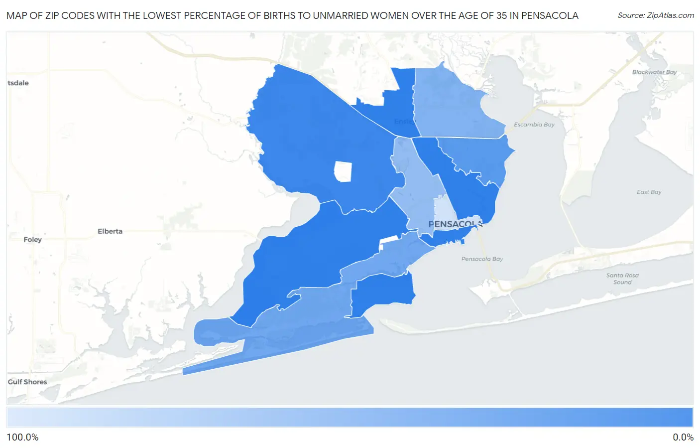 Zip Codes with the Lowest Percentage of Births to Unmarried Women over the Age of 35 in Pensacola Map
