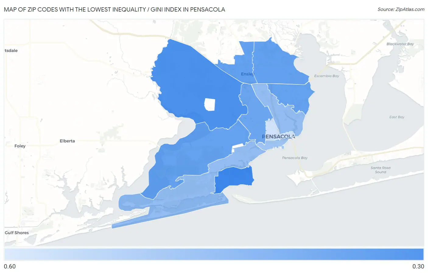 Zip Codes with the Lowest Inequality / Gini Index in Pensacola Map