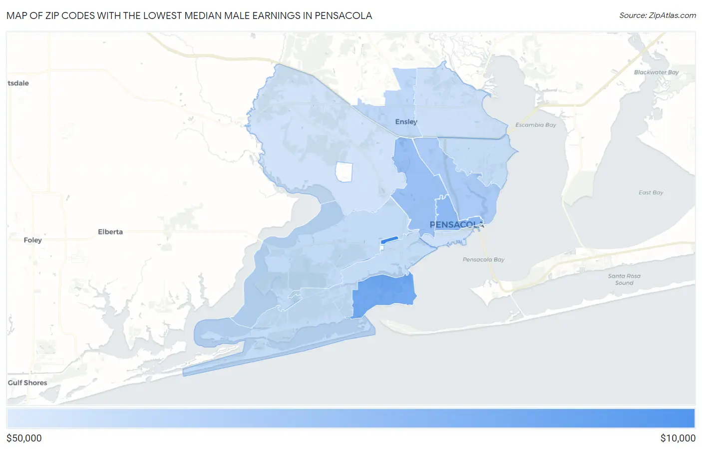 Zip Codes with the Lowest Median Male Earnings in Pensacola Map