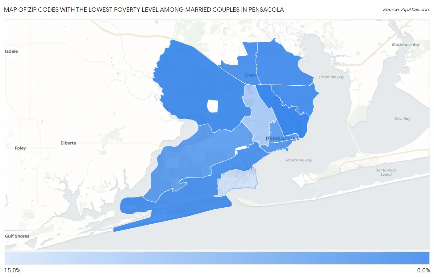 Zip Codes with the Lowest Poverty Level Among Married Couples in Pensacola Map