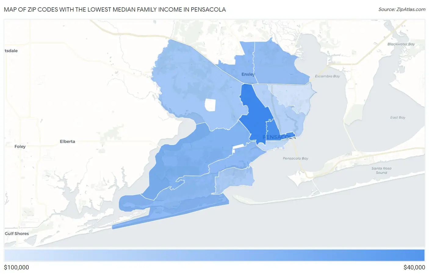 Zip Codes with the Lowest Median Family Income in Pensacola Map