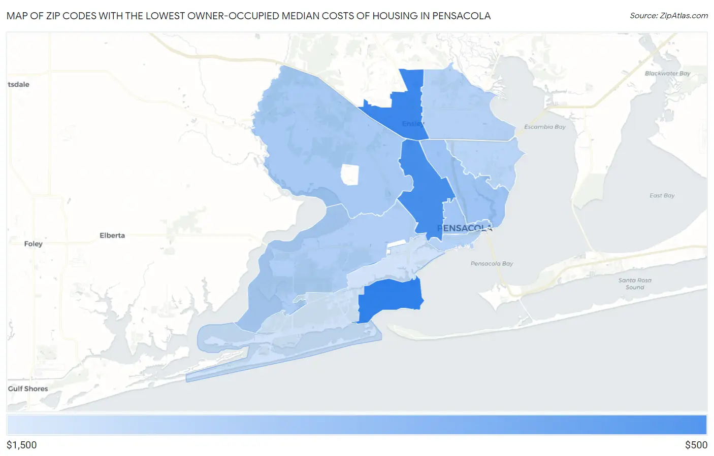Zip Codes with the Lowest Owner-Occupied Median Costs of Housing in Pensacola Map