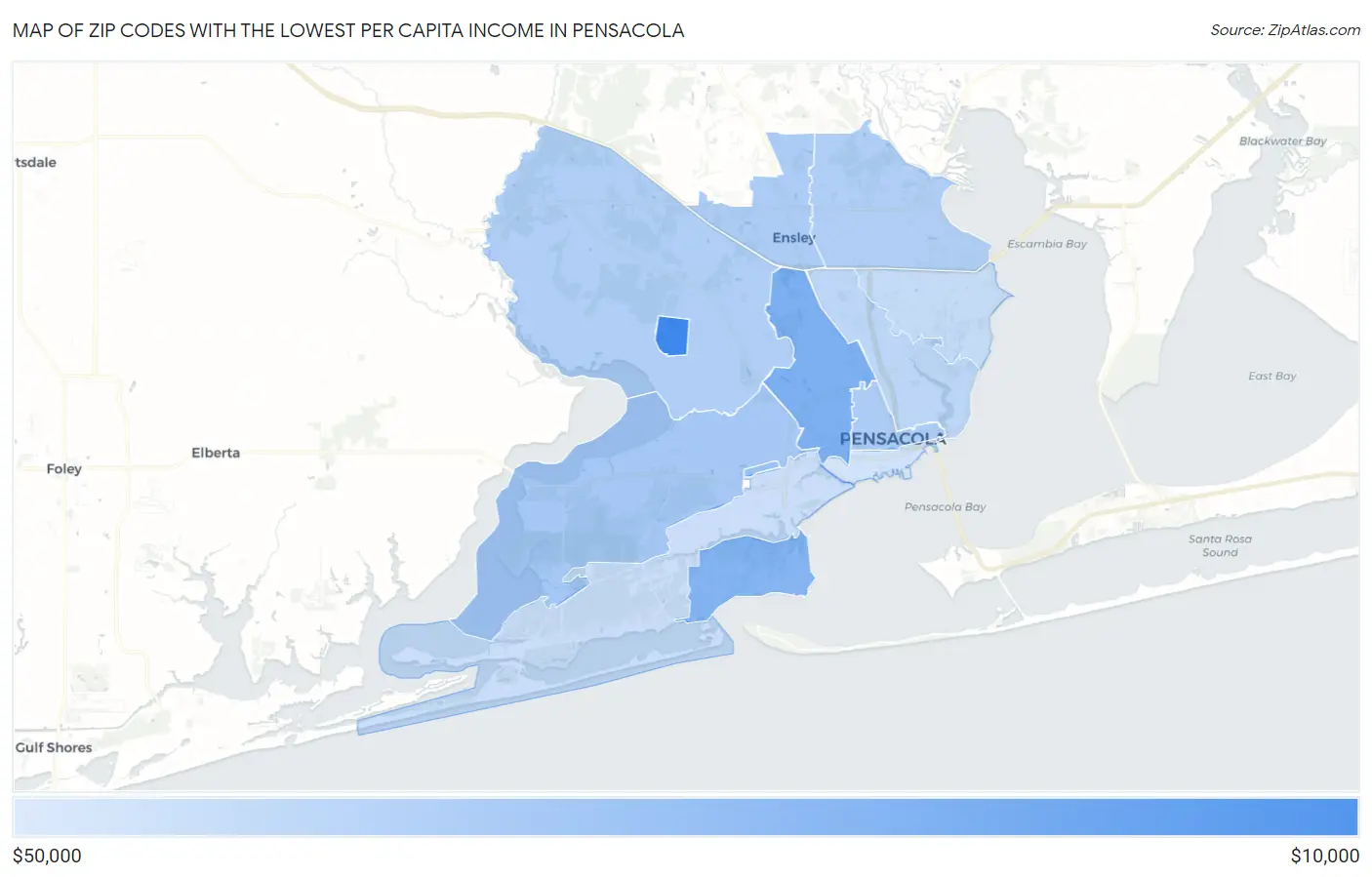 Zip Codes with the Lowest Per Capita Income in Pensacola Map