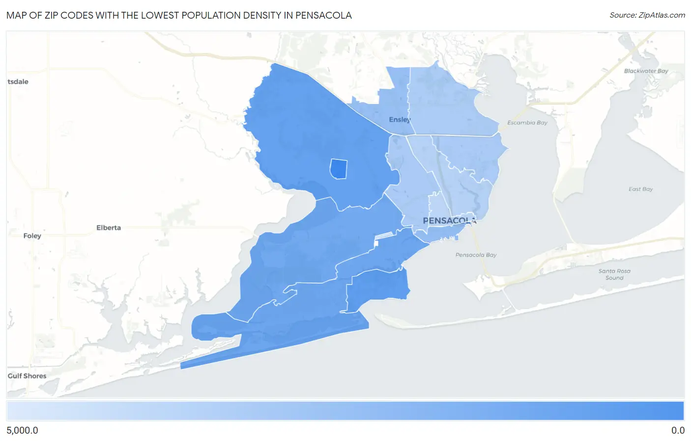 Zip Codes with the Lowest Population Density in Pensacola Map