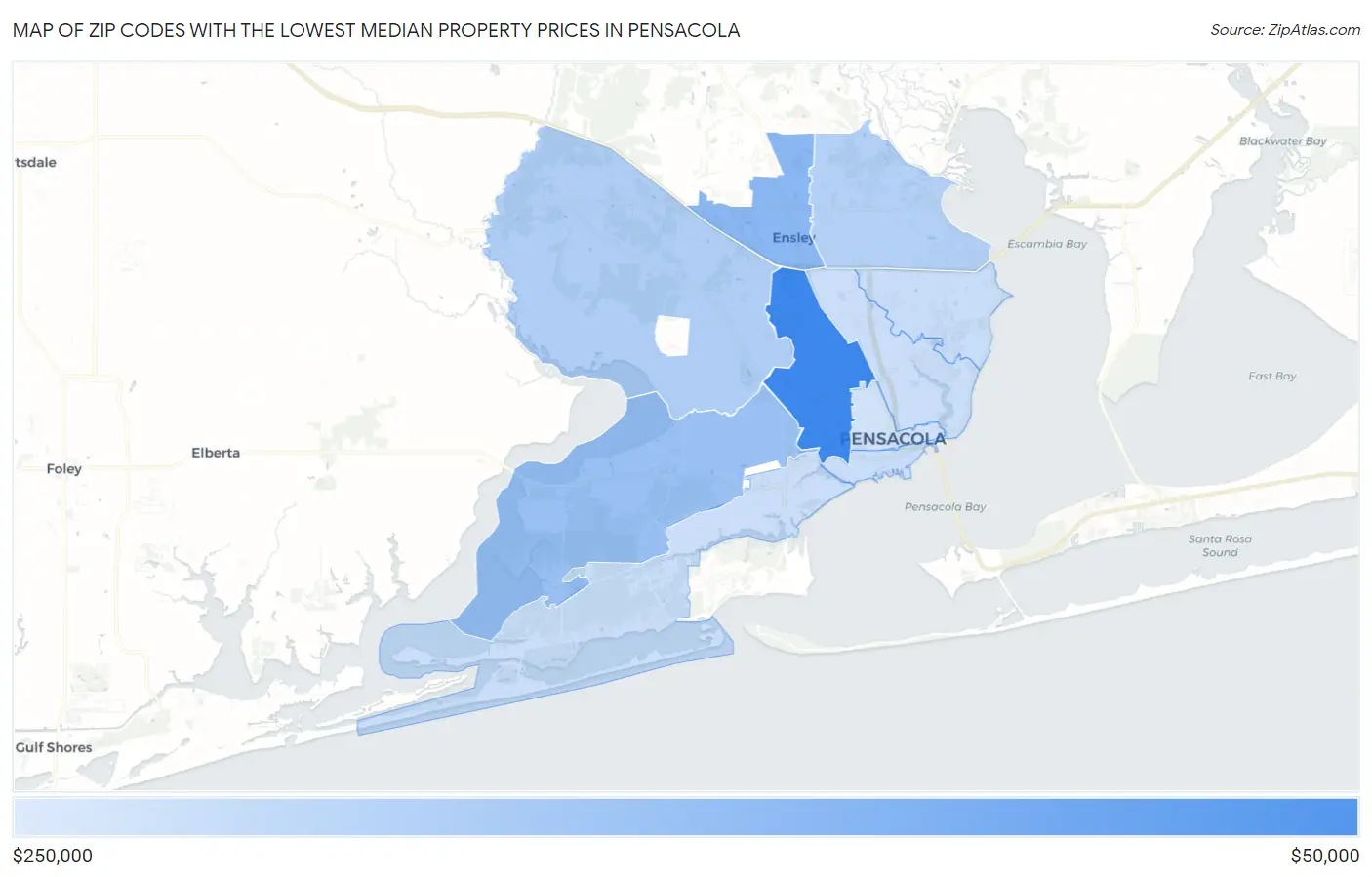 Zip Codes with the Lowest Median Property Prices in Pensacola Map