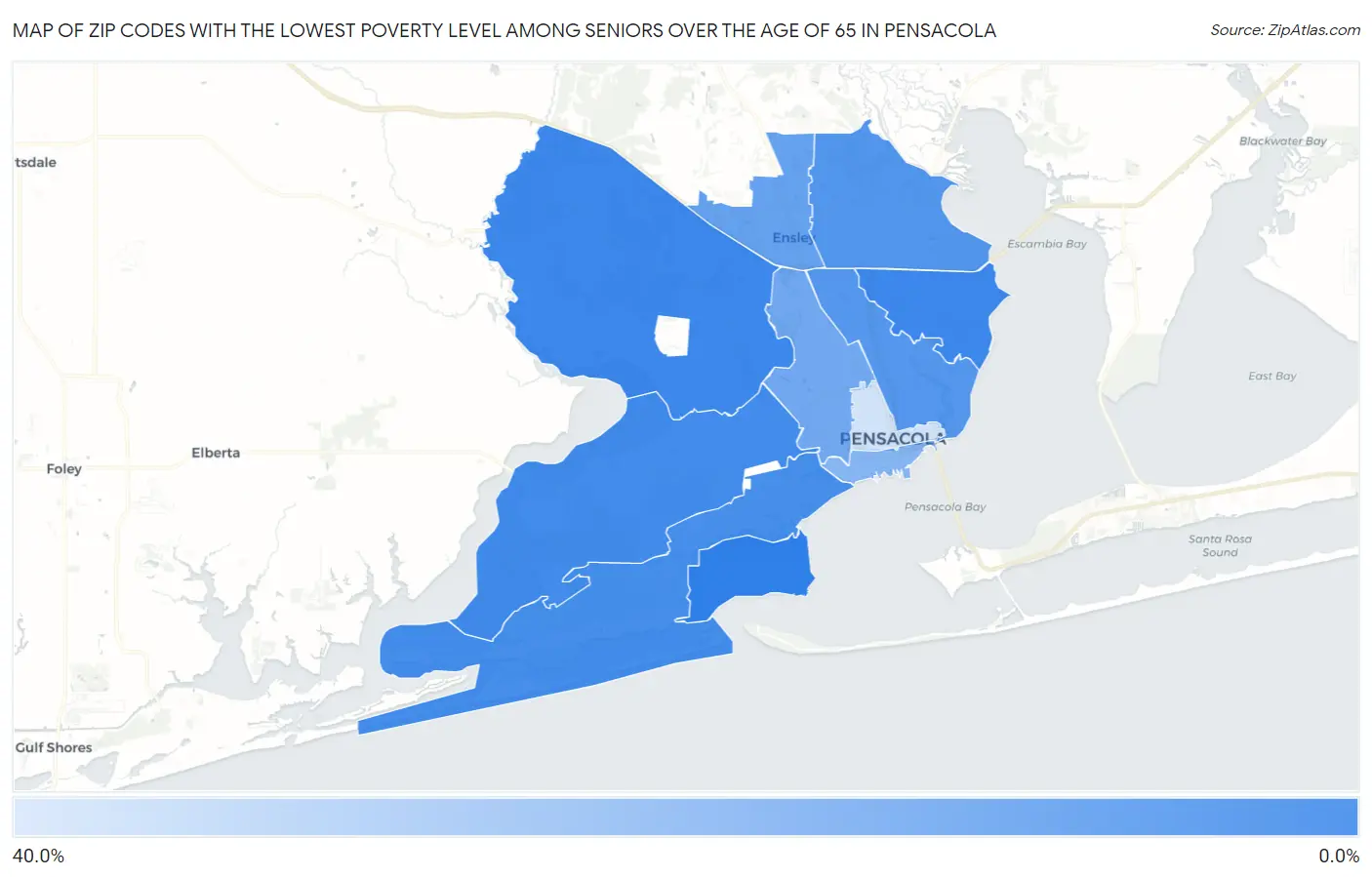Zip Codes with the Lowest Poverty Level Among Seniors Over the Age of 65 in Pensacola Map