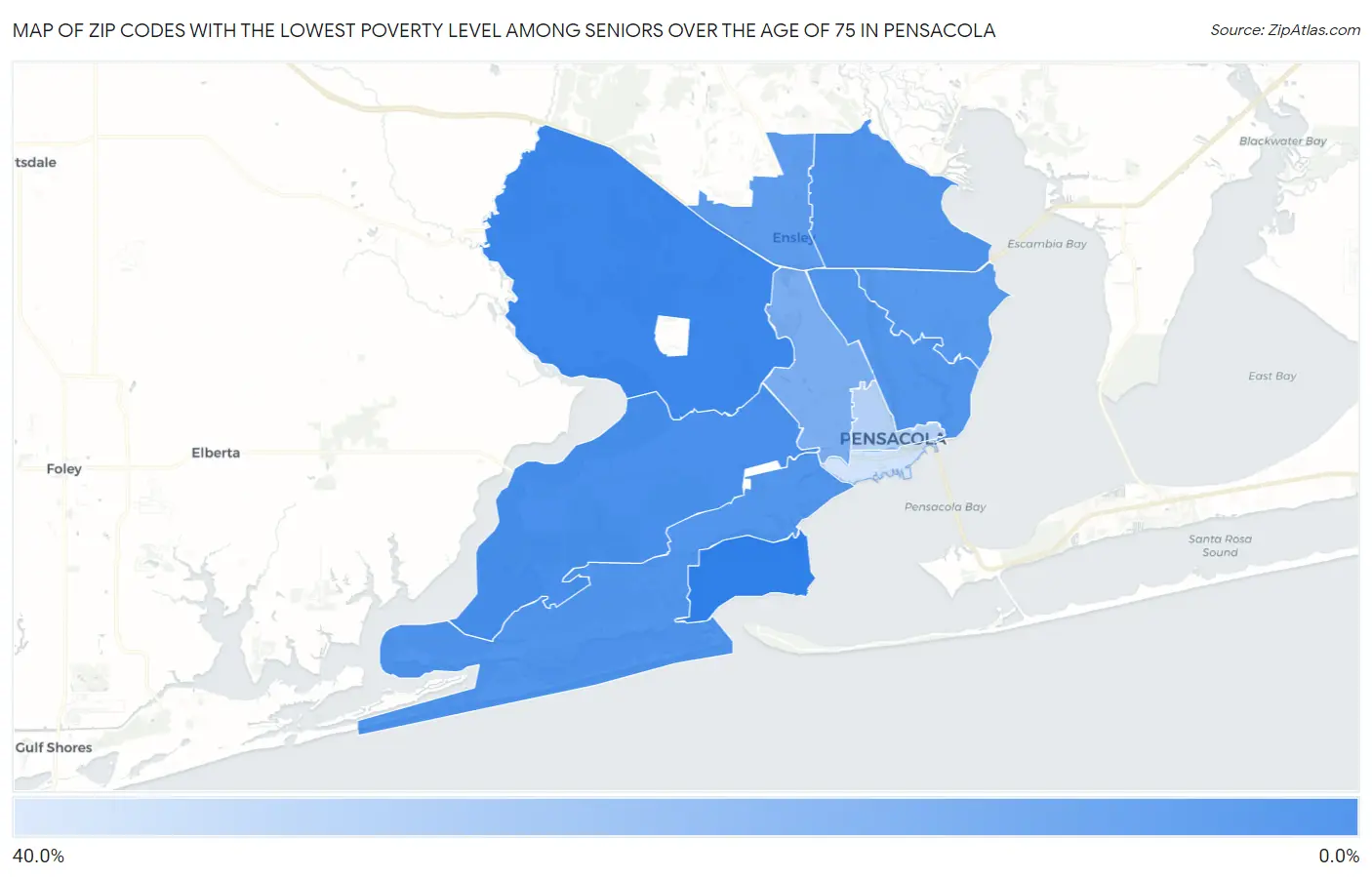 Zip Codes with the Lowest Poverty Level Among Seniors Over the Age of 75 in Pensacola Map