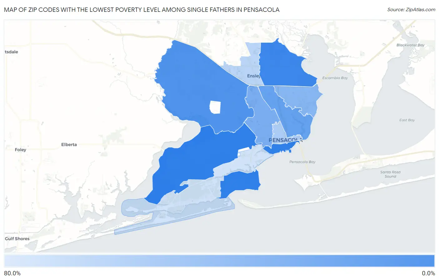 Zip Codes with the Lowest Poverty Level Among Single Fathers in Pensacola Map