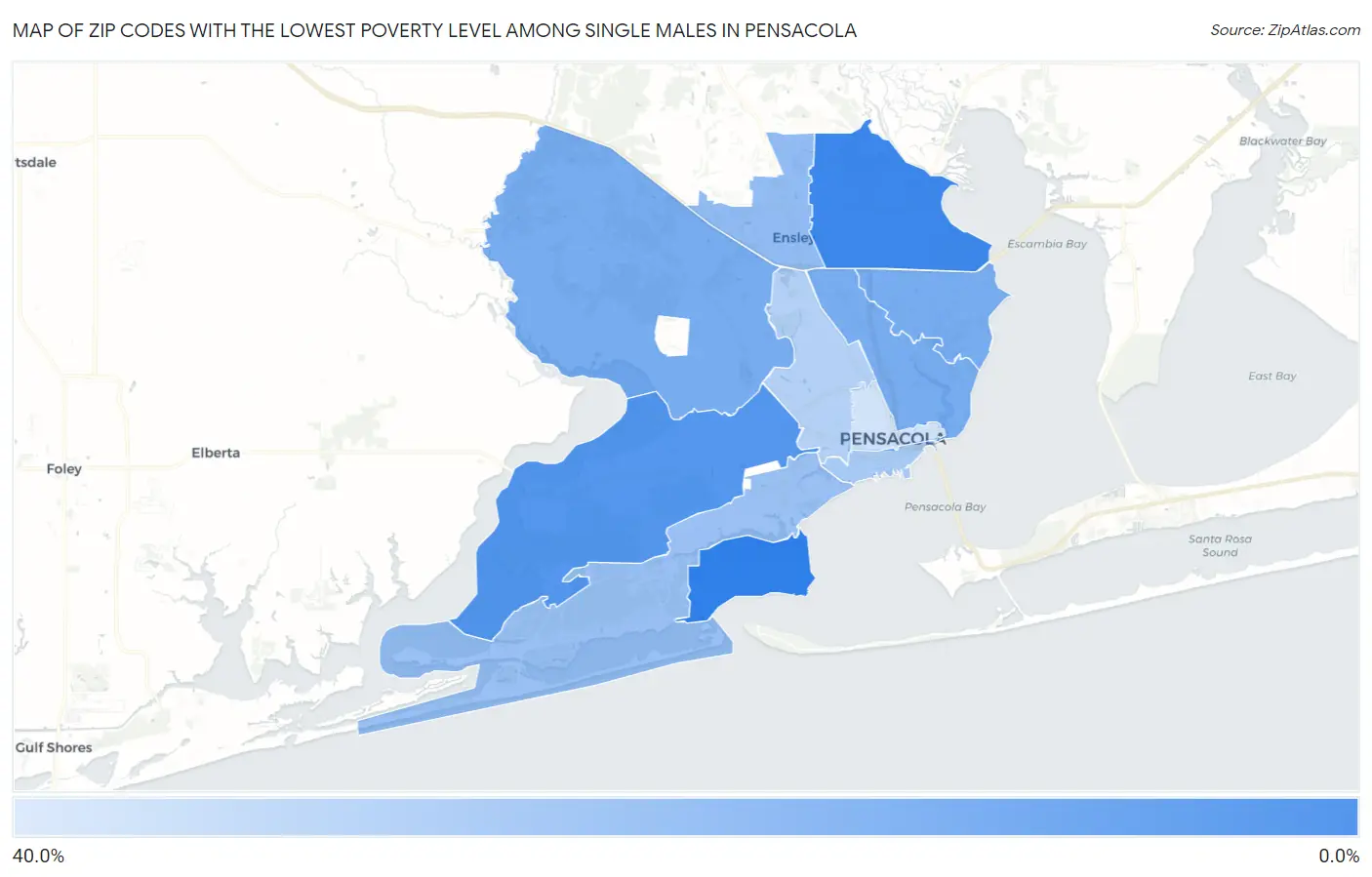 Zip Codes with the Lowest Poverty Level Among Single Males in Pensacola Map