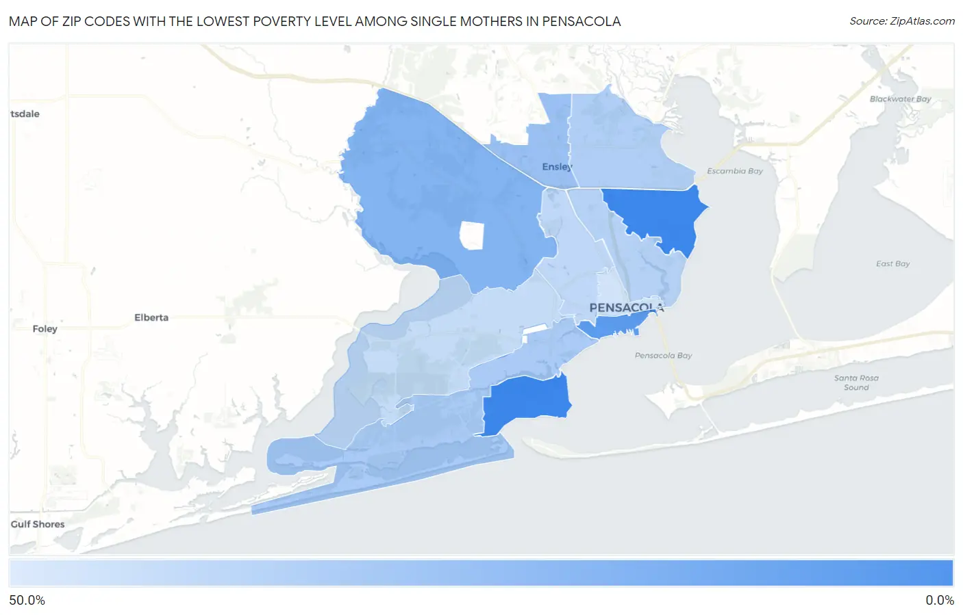Zip Codes with the Lowest Poverty Level Among Single Mothers in Pensacola Map