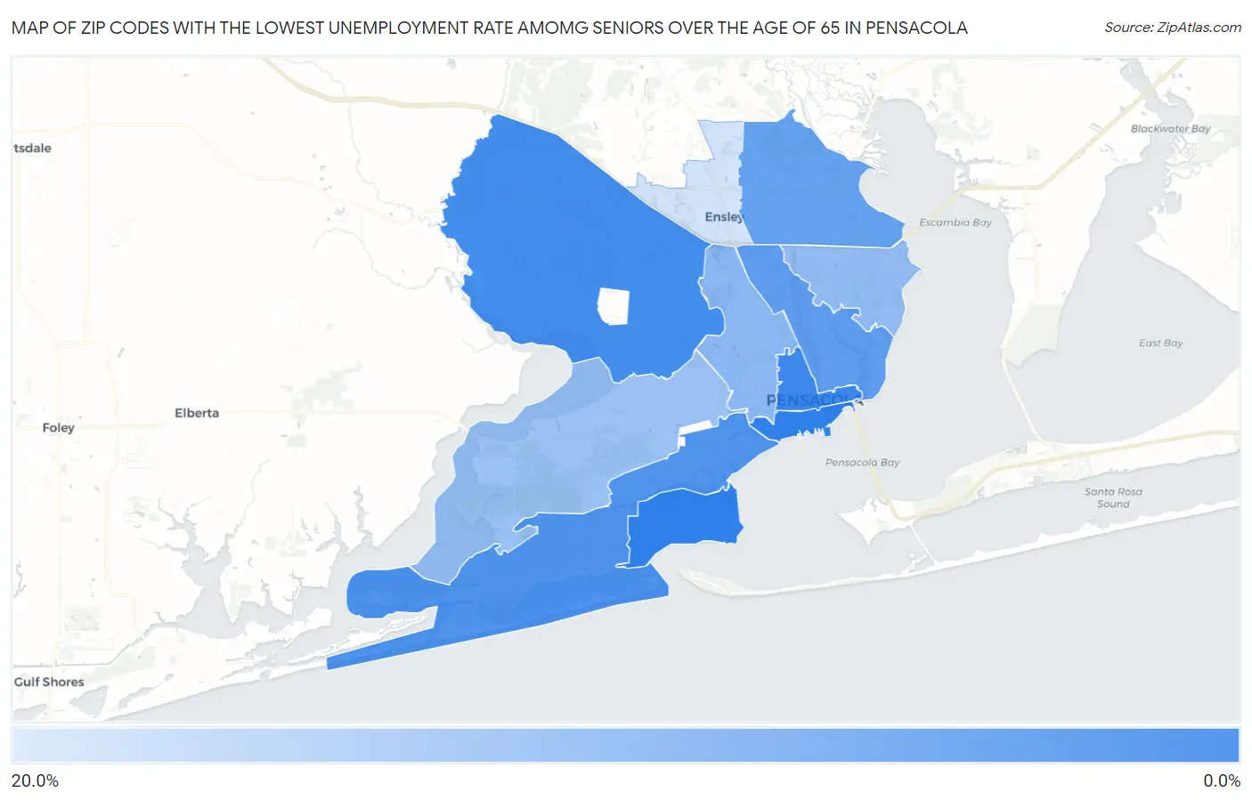 Zip Codes with the Lowest Unemployment Rate Amomg Seniors Over the Age of 65 in Pensacola Map