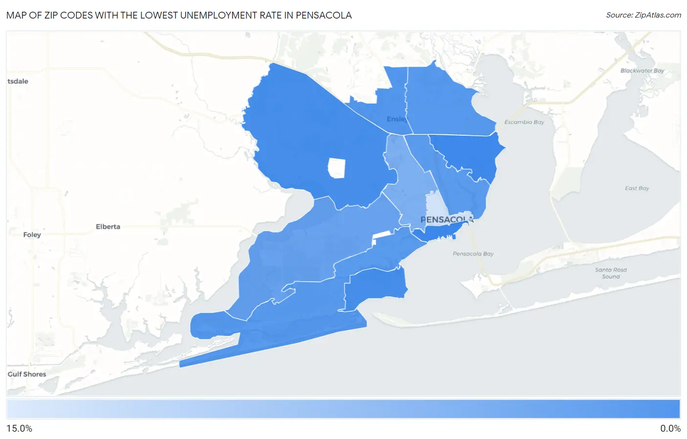Zip Codes with the Lowest Unemployment Rate in Pensacola Map
