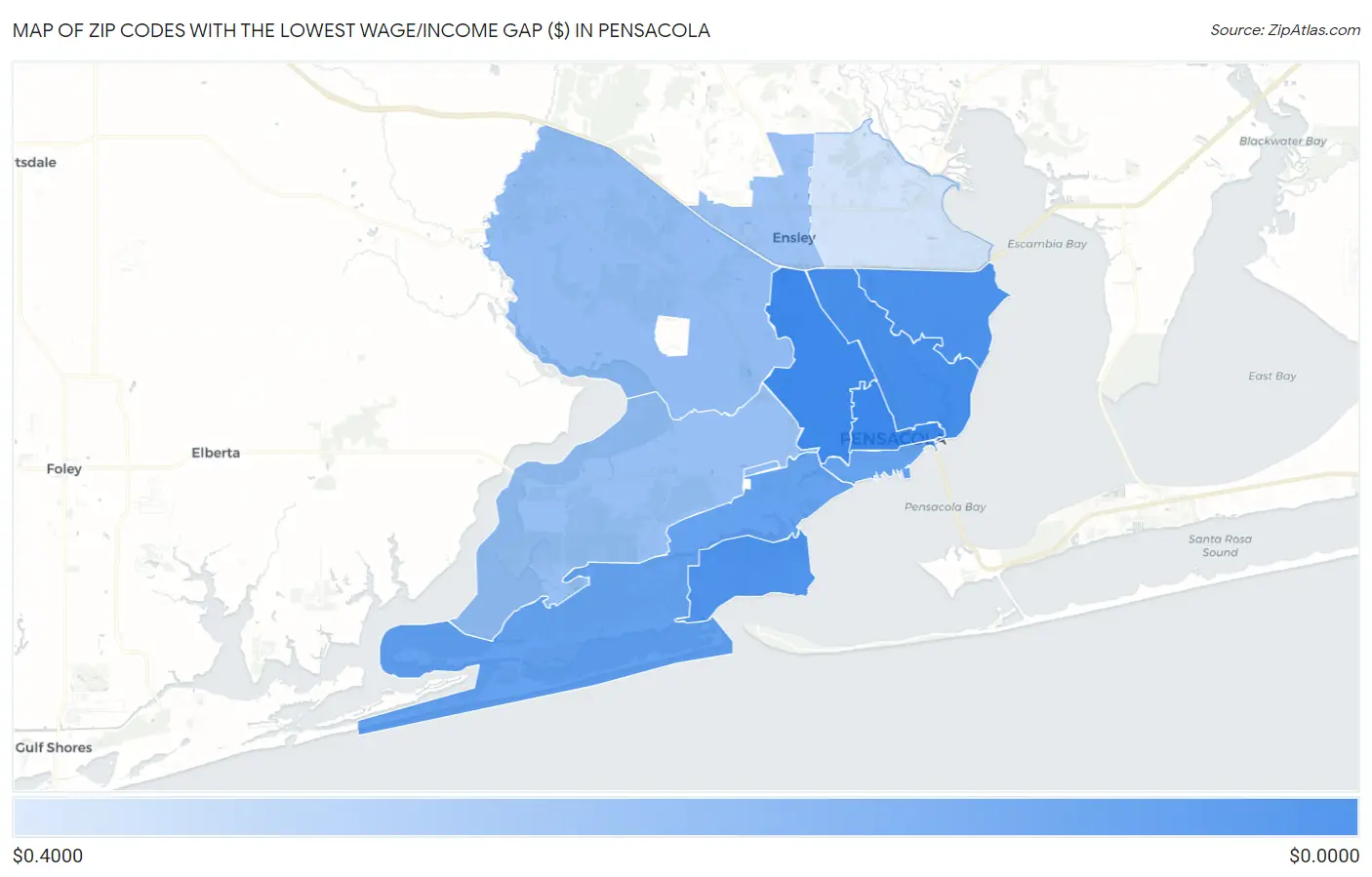 Zip Codes with the Lowest Wage/Income Gap ($) in Pensacola Map