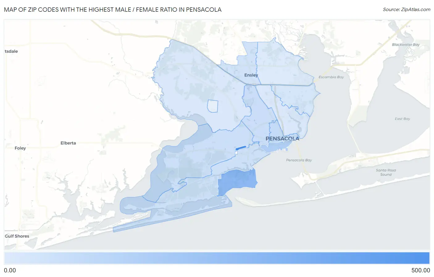 Zip Codes with the Highest Male / Female Ratio in Pensacola Map
