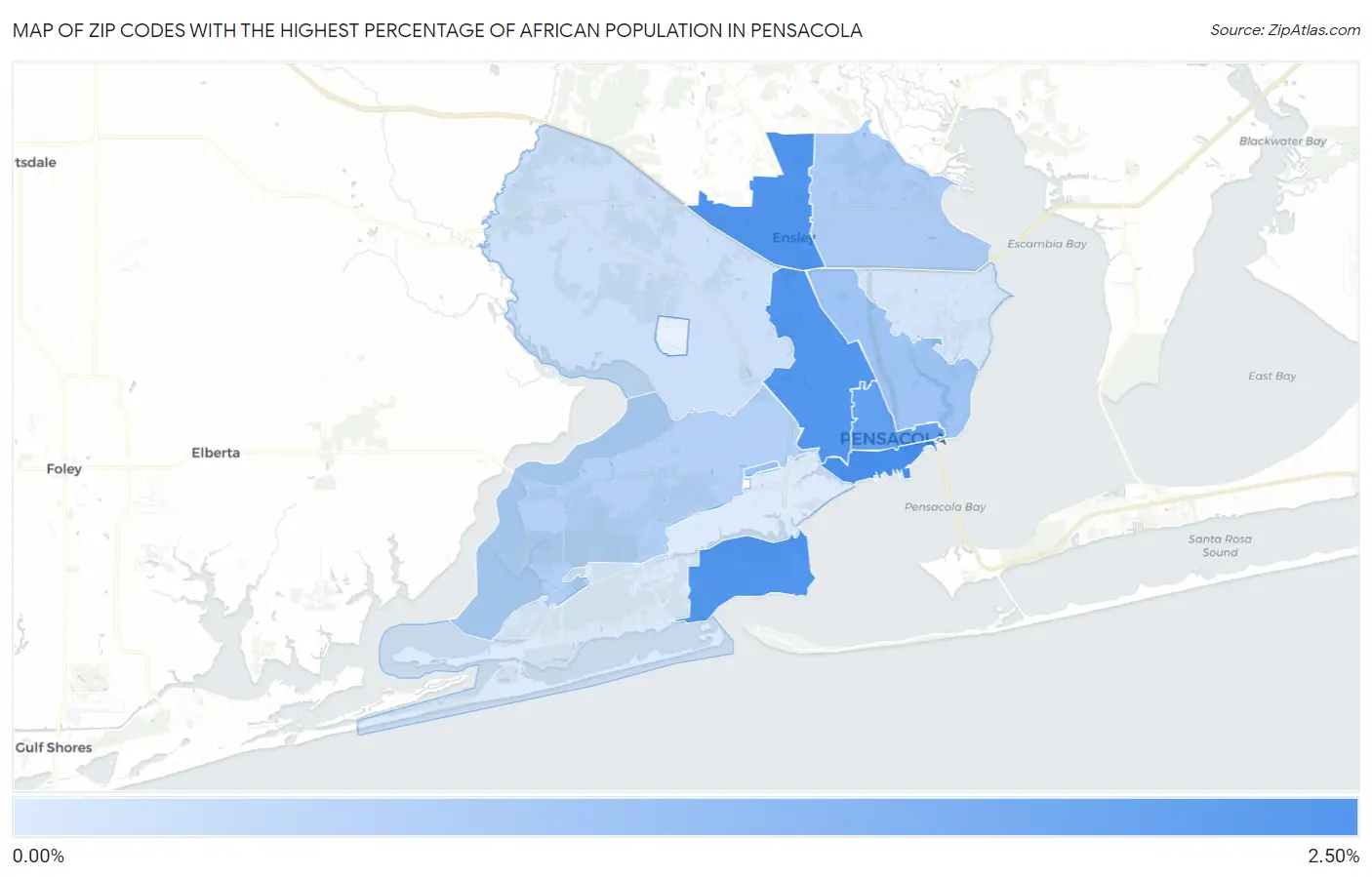 Zip Codes with the Highest Percentage of African Population in Pensacola Map