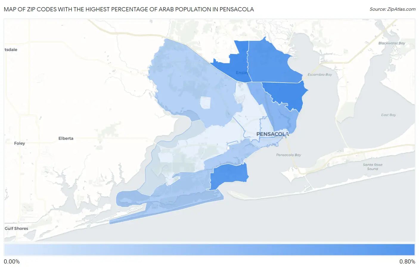 Zip Codes with the Highest Percentage of Arab Population in Pensacola Map