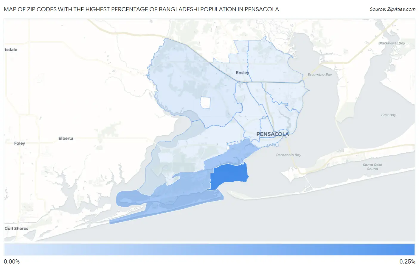Zip Codes with the Highest Percentage of Bangladeshi Population in Pensacola Map