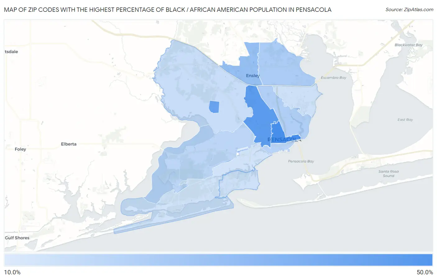 Zip Codes with the Highest Percentage of Black / African American Population in Pensacola Map
