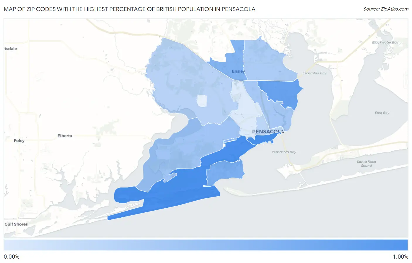 Zip Codes with the Highest Percentage of British Population in Pensacola Map