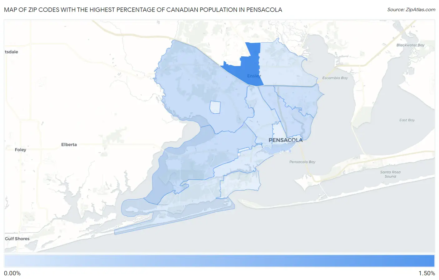 Zip Codes with the Highest Percentage of Canadian Population in Pensacola Map
