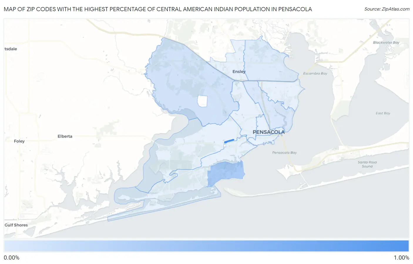 Zip Codes with the Highest Percentage of Central American Indian Population in Pensacola Map