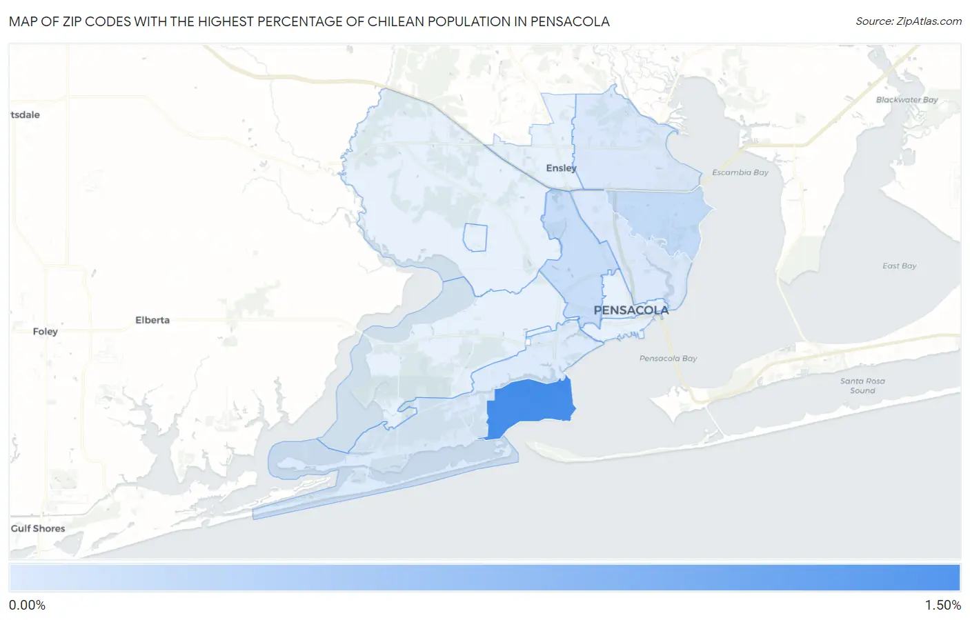 Zip Codes with the Highest Percentage of Chilean Population in Pensacola Map