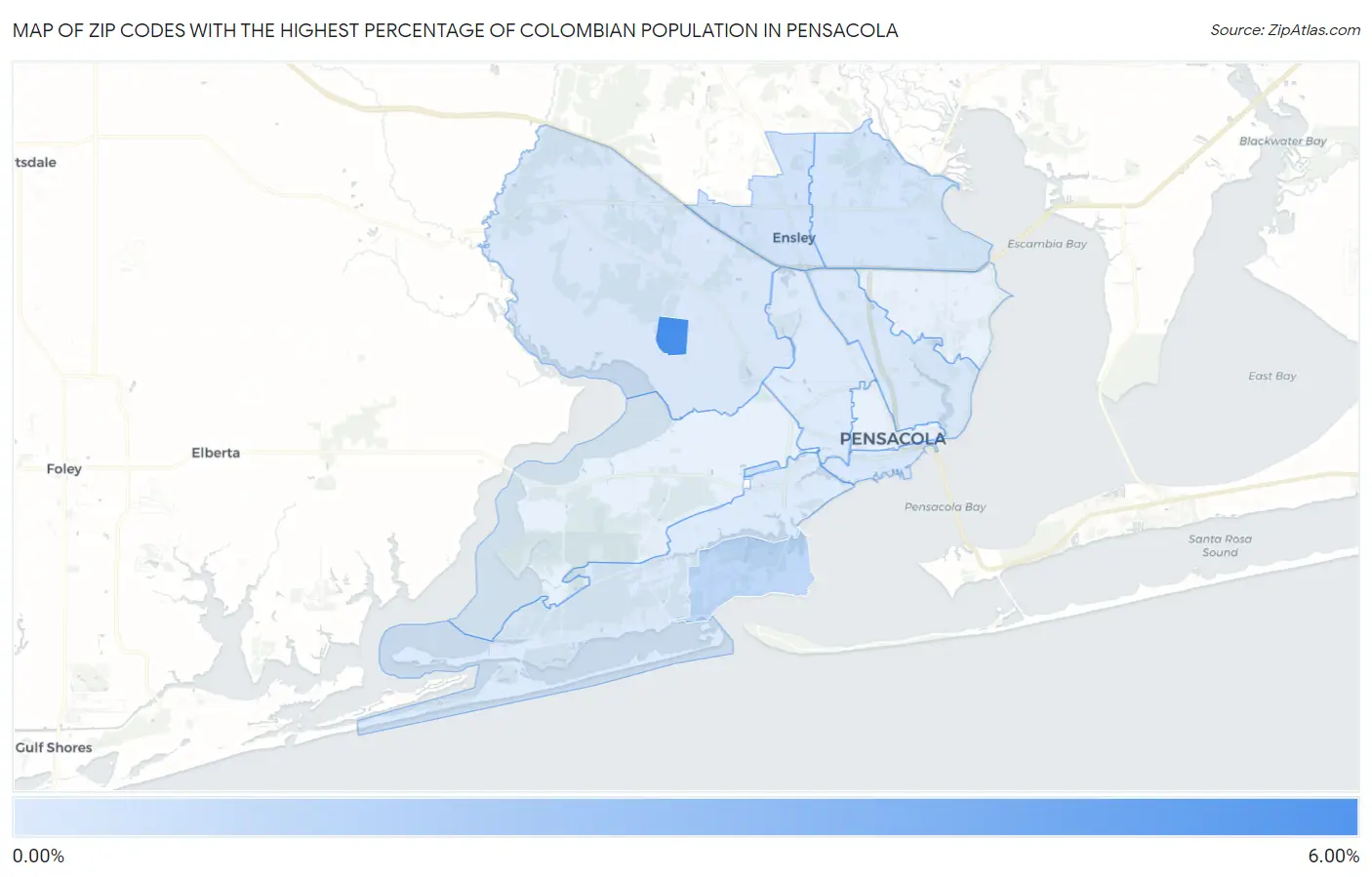Zip Codes with the Highest Percentage of Colombian Population in Pensacola Map