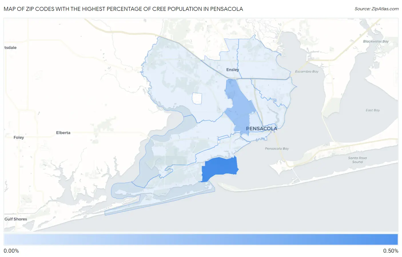 Zip Codes with the Highest Percentage of Cree Population in Pensacola Map