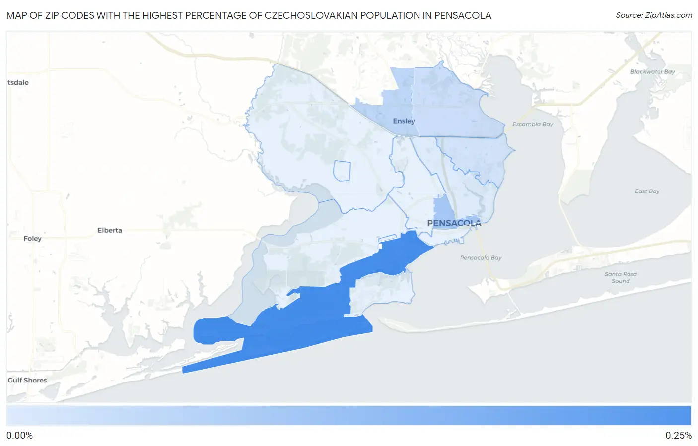 Zip Codes with the Highest Percentage of Czechoslovakian Population in Pensacola Map
