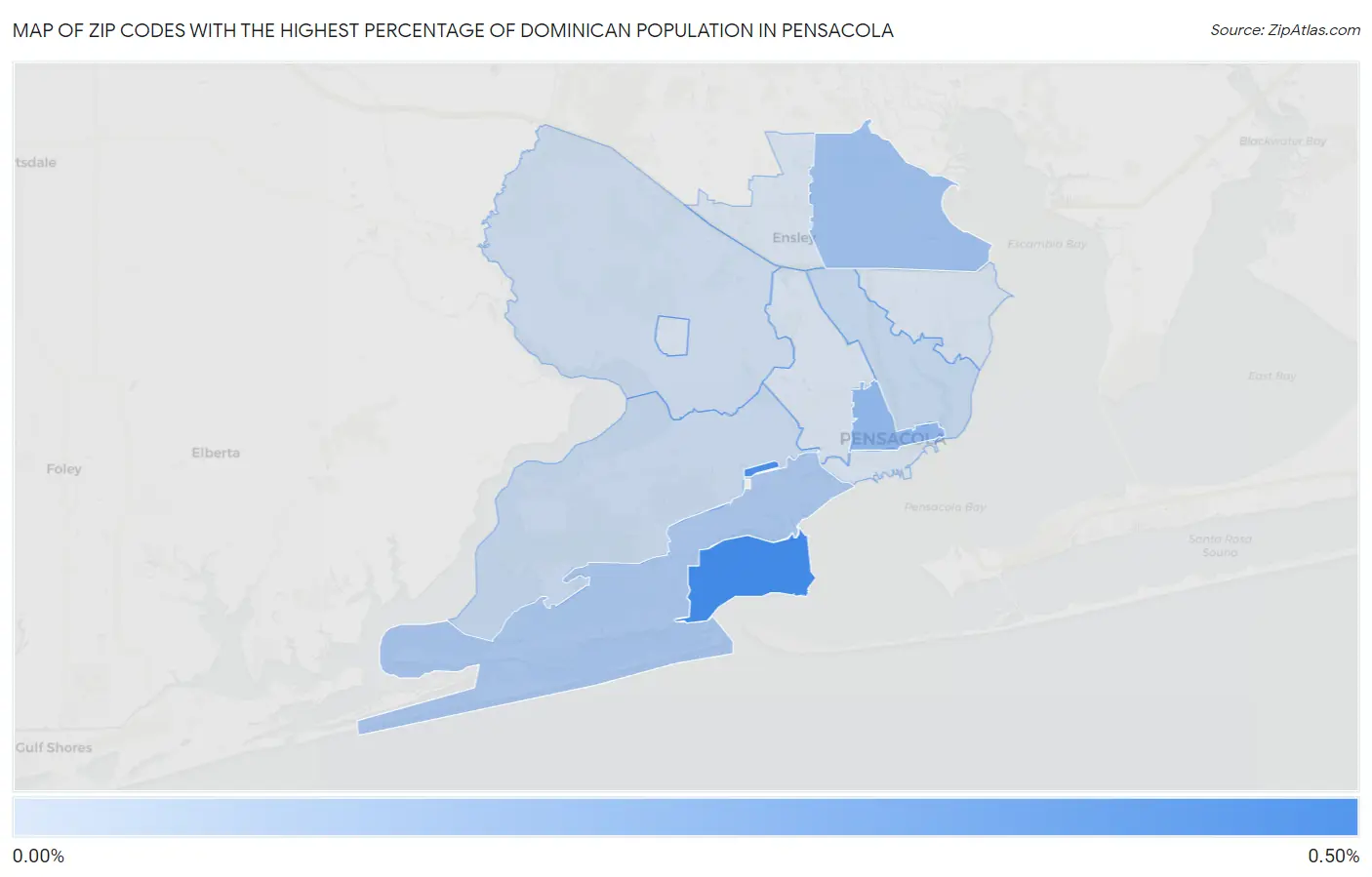 Zip Codes with the Highest Percentage of Dominican Population in Pensacola Map