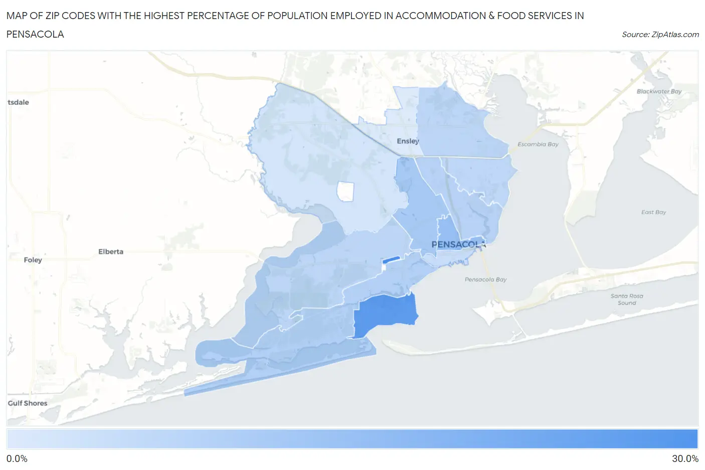 Zip Codes with the Highest Percentage of Population Employed in Accommodation & Food Services in Pensacola Map