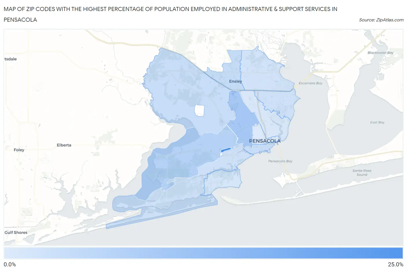 Zip Codes with the Highest Percentage of Population Employed in Administrative & Support Services in Pensacola Map